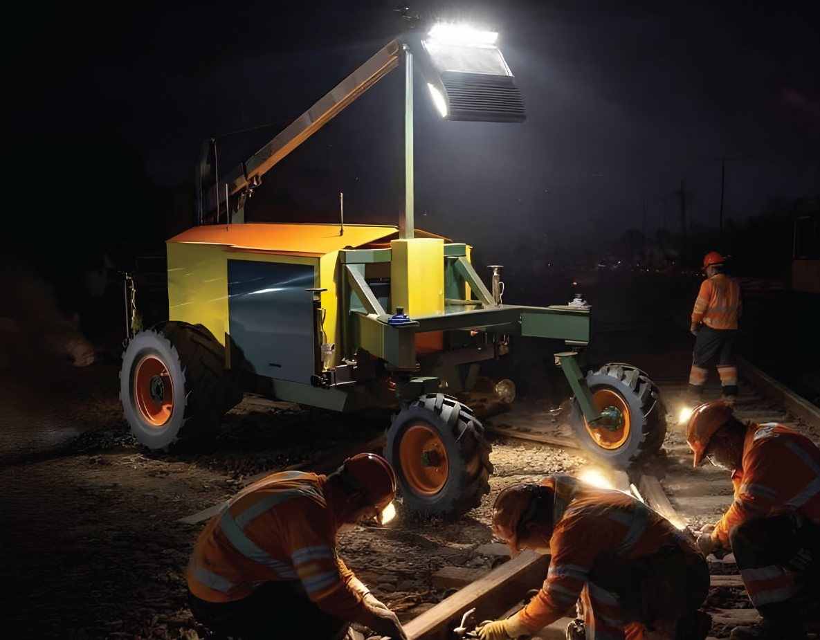 Night rail maintenance work lit by a Next-Gen unit