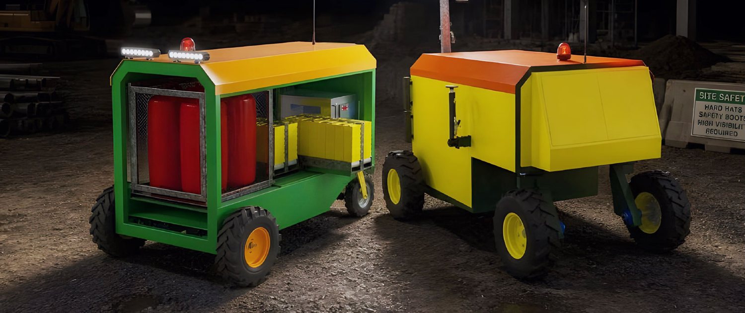 Hydrogen recharging station and electric flood lighting unit on a construction site at night