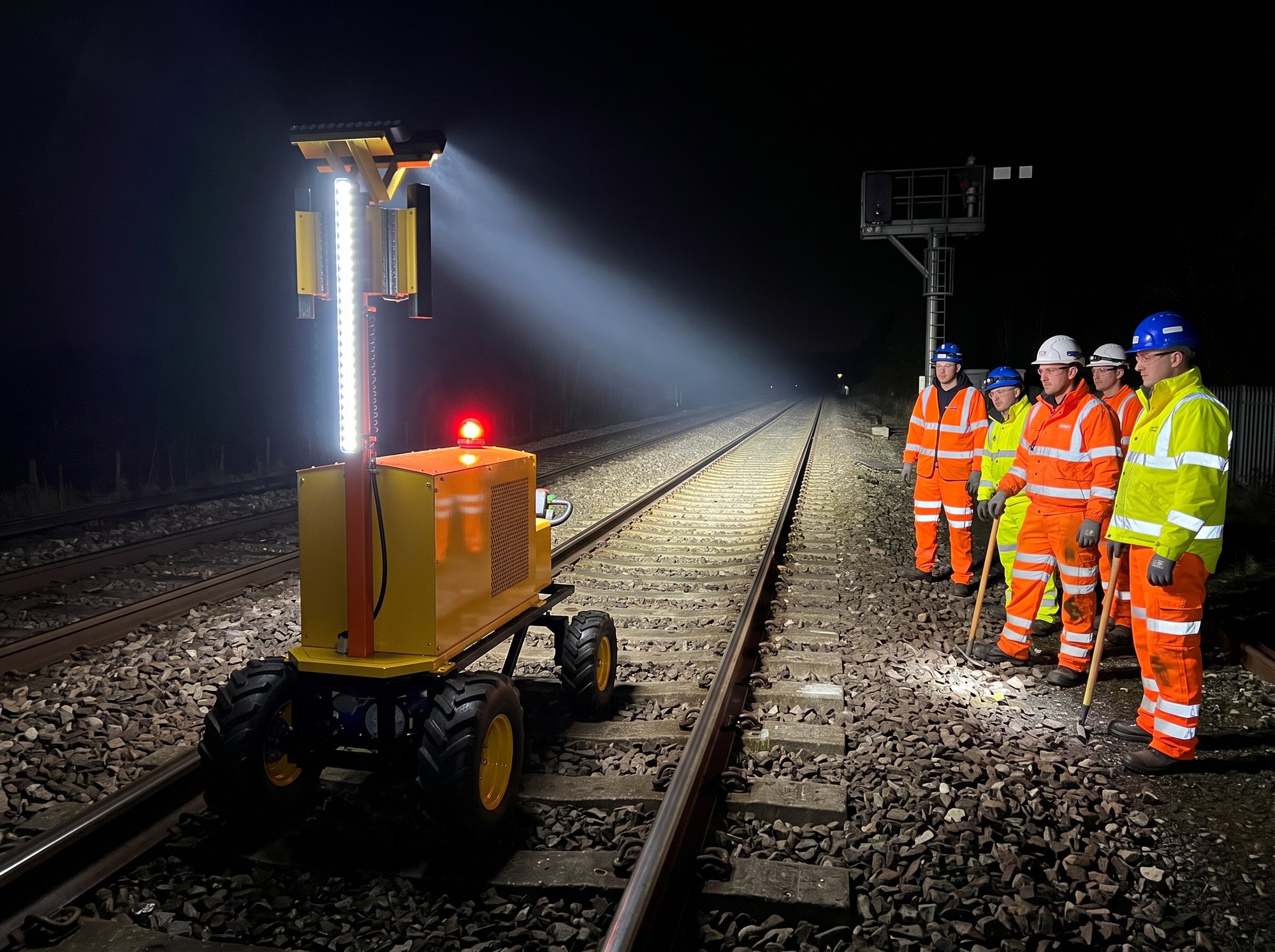 Next-Gen electric lighting unit lighting a night rail possession, with the track team alongside