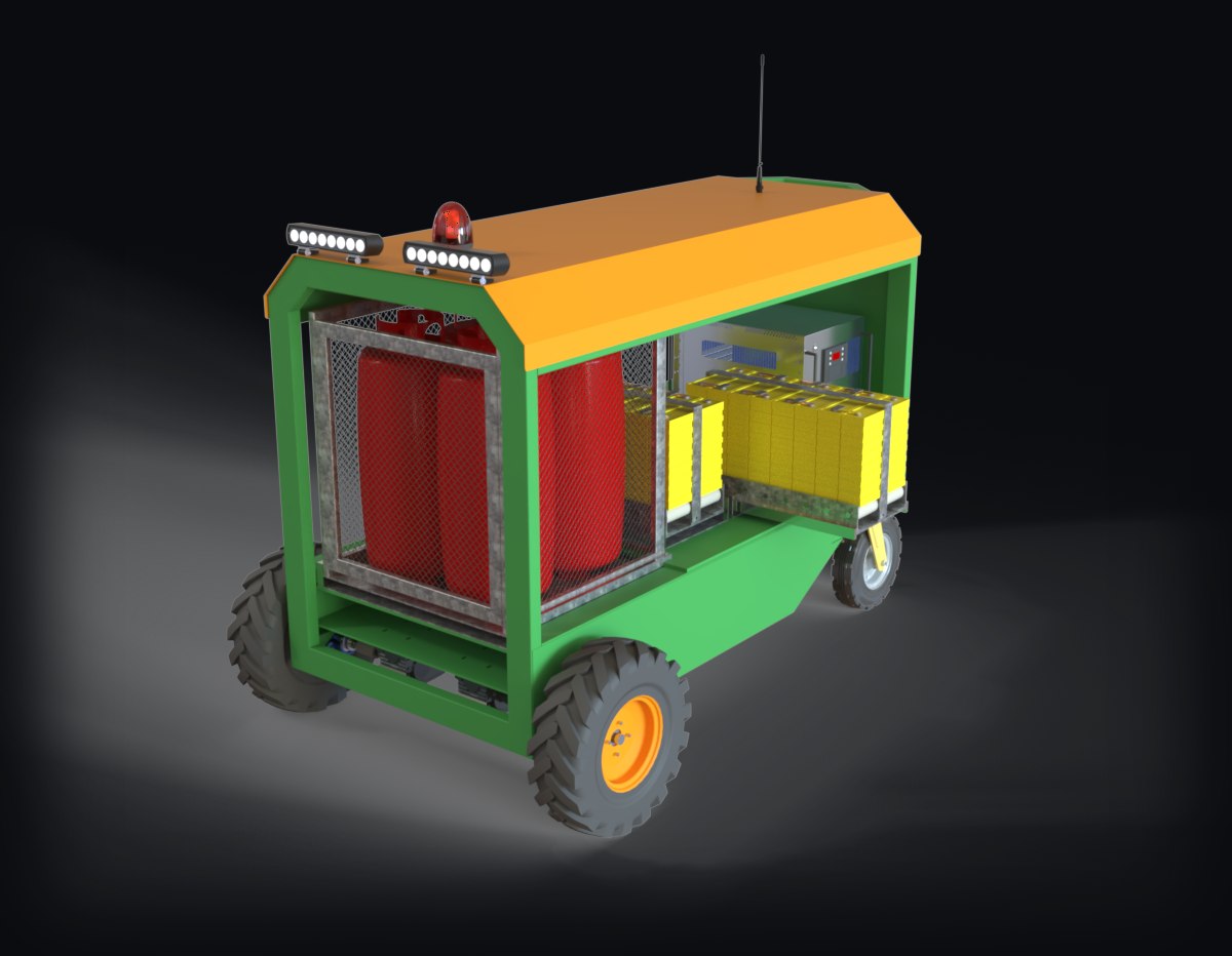 Hydrogen recharging station render showing cylinders and battery bank